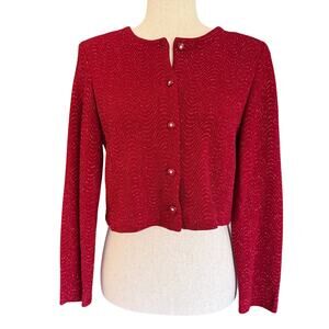 VTG Ronni Nicole Sparkly Cropped Cardigan Sz 8 10 Red Party Holiday Vintage Glam